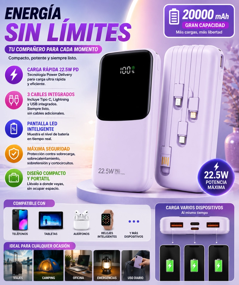 BATERIA EXTERNA POWER BANK 20000MAH CARGA RAPIDA PD 3.0 22.5W PORTATIL - 2