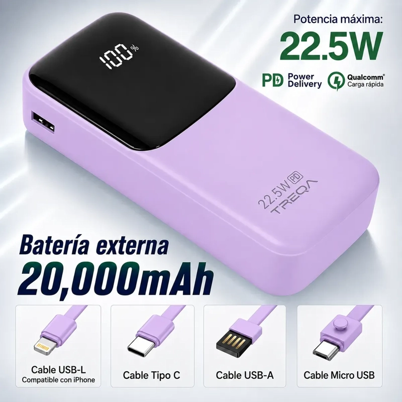 BATERIA EXTERNA POWER BANK 20000MAH CARGA RAPIDA PD 3.0 22.5W PORTATIL - 5