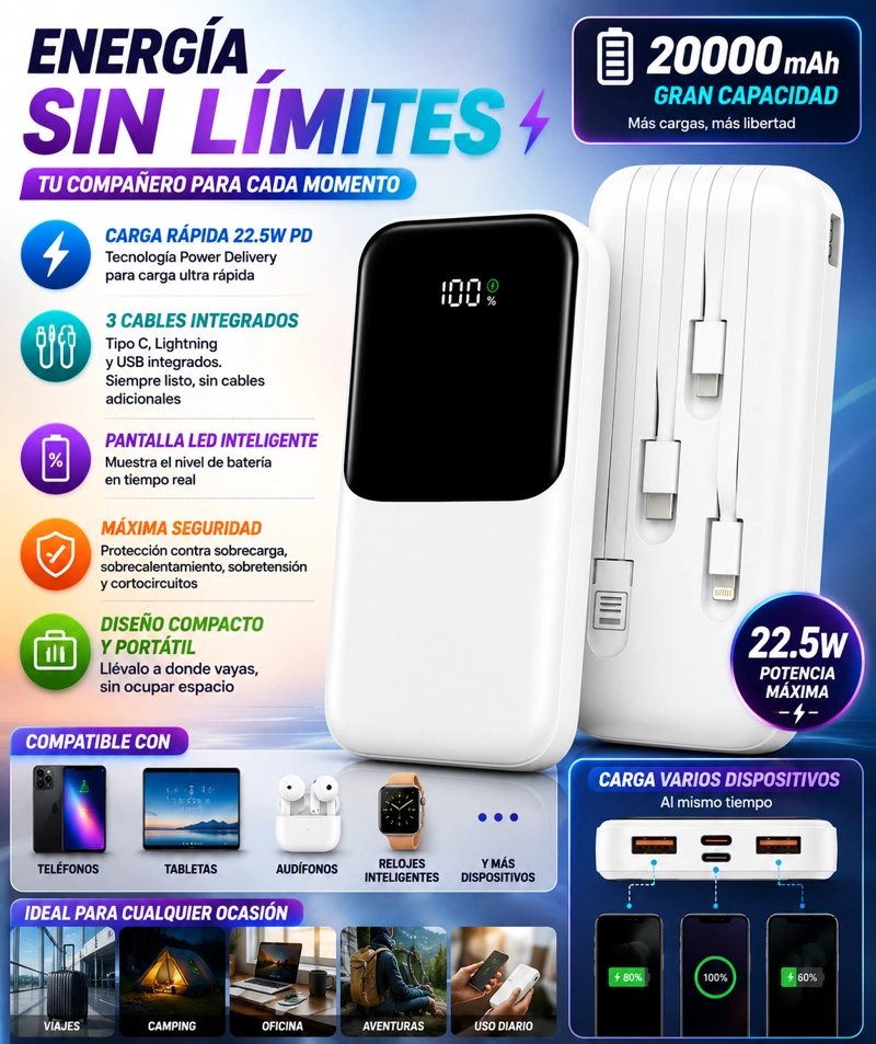 BATERIA EXTERNA POWER BANK 20000MAH CARGA RAPIDA PD 3.0 22.5W PORTATIL - 2