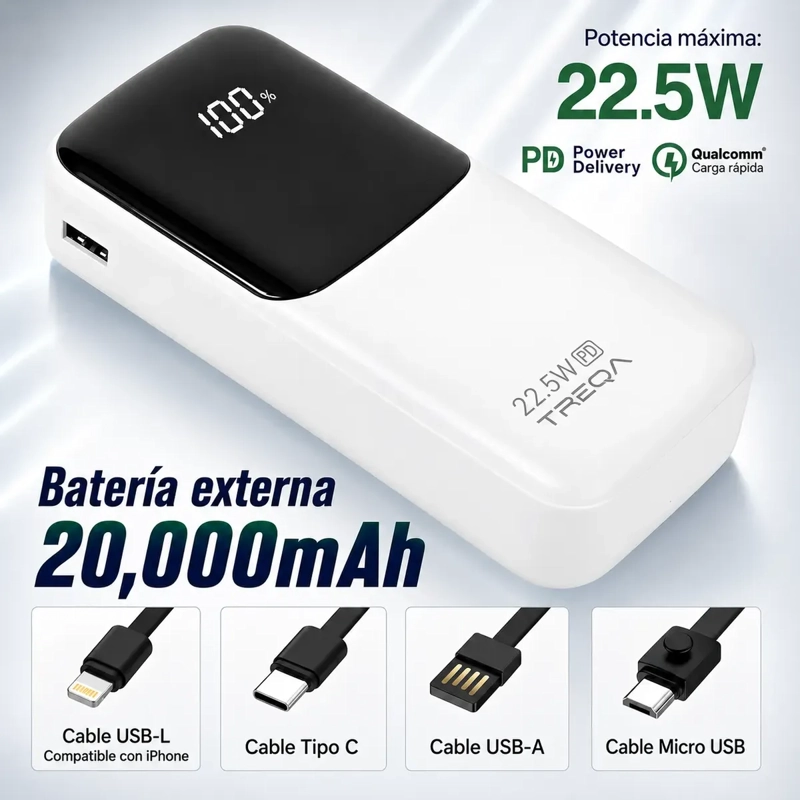 BATERIA EXTERNA POWER BANK 20000MAH CARGA RAPIDA PD 3.0 22.5W PORTATIL - 5