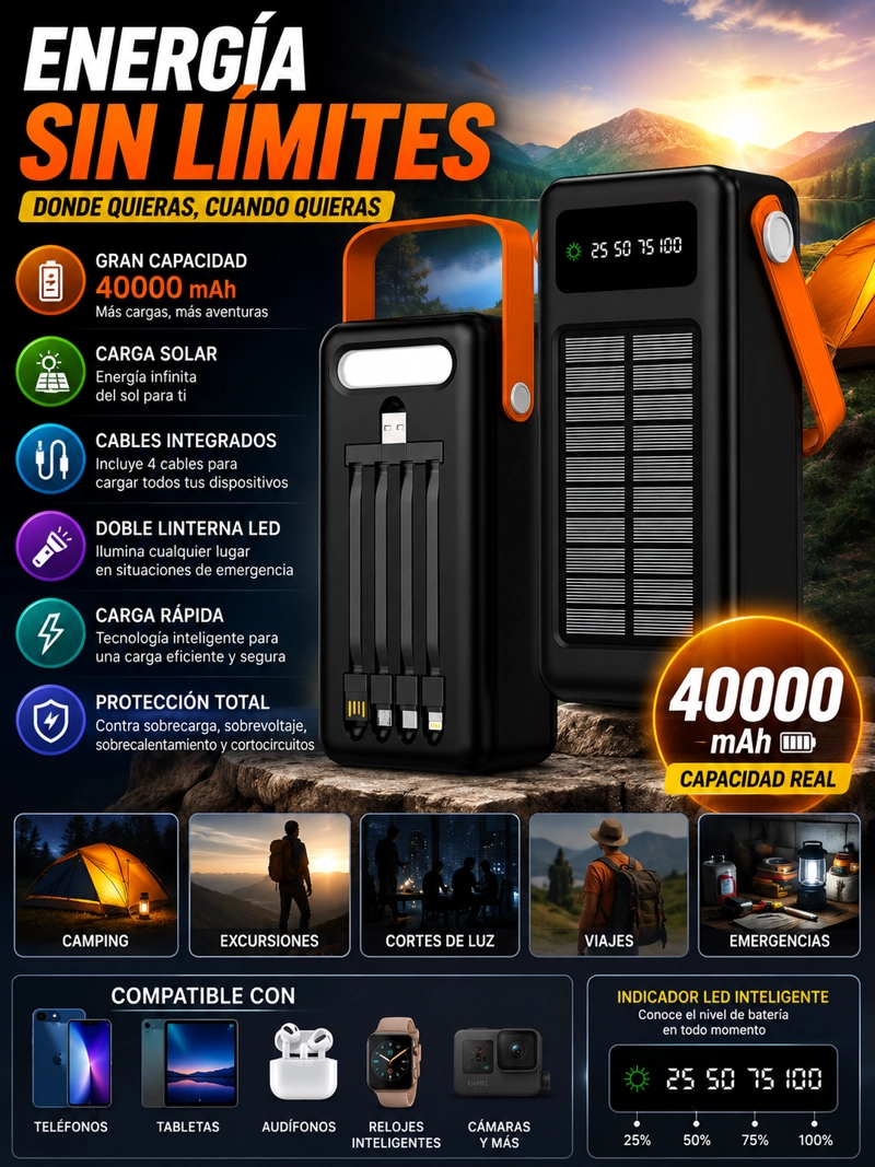POWER BANK SOLAR 40000MAH CON LINTERNA LED Y CABLES INTEGRADOS PORTATIL - 2