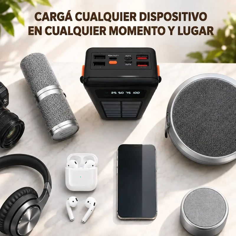 POWER BANK SOLAR 40000MAH CON LINTERNA LED Y CABLES INTEGRADOS PORTATIL - 3