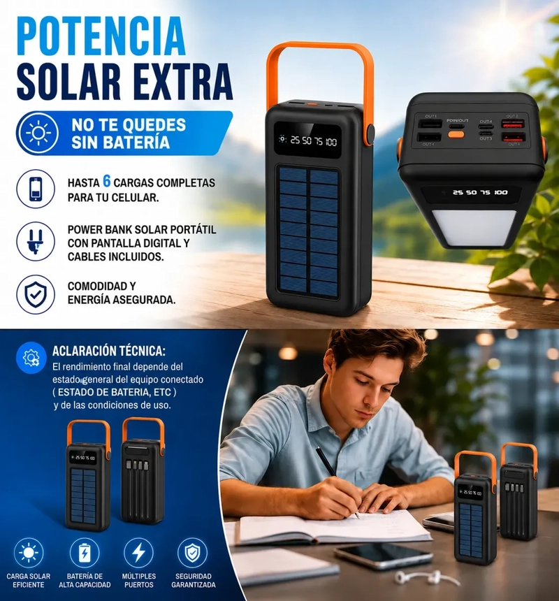 POWER BANK SOLAR 40000MAH CON LINTERNA LED Y CABLES INTEGRADOS PORTATIL - 4