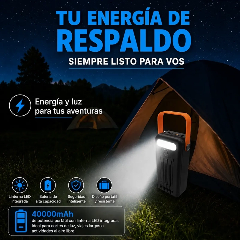 POWER BANK SOLAR 40000MAH CON LINTERNA LED Y CABLES INTEGRADOS PORTATIL - 5
