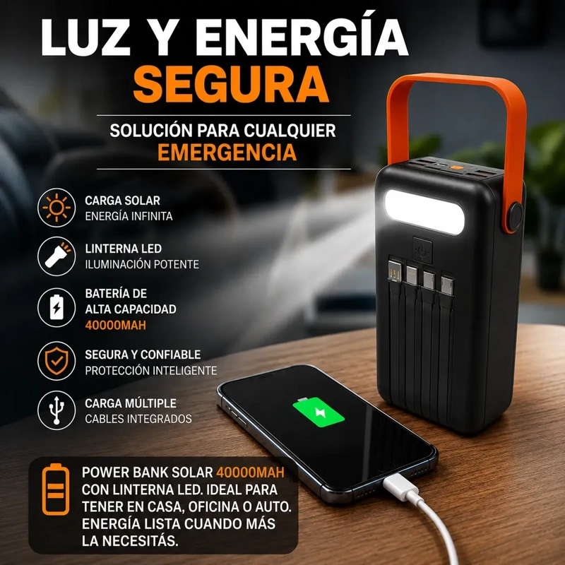 POWER BANK SOLAR 40000MAH CON LINTERNA LED Y CABLES INTEGRADOS PORTATIL - 6