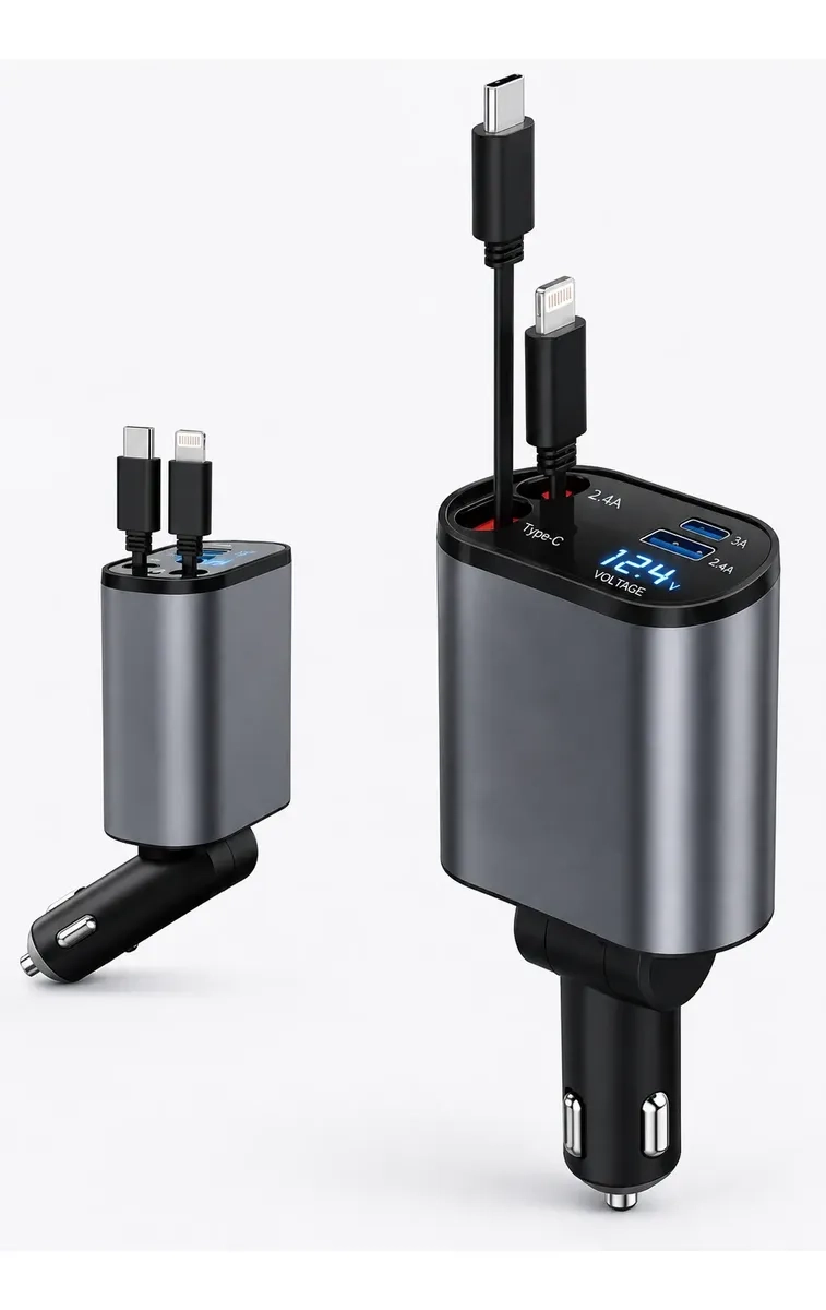 CARGADOR PARA AUTO 120W 4 EN 1 CON 2 CABLES RETRACTILES Y 2 PUERTOS DE CARGA - 7