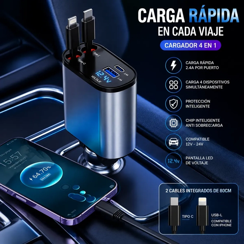 CARGADOR PARA AUTO 120W 4 EN 1 CON 2 CABLES RETRACTILES Y 2 PUERTOS DE CARGA - 2