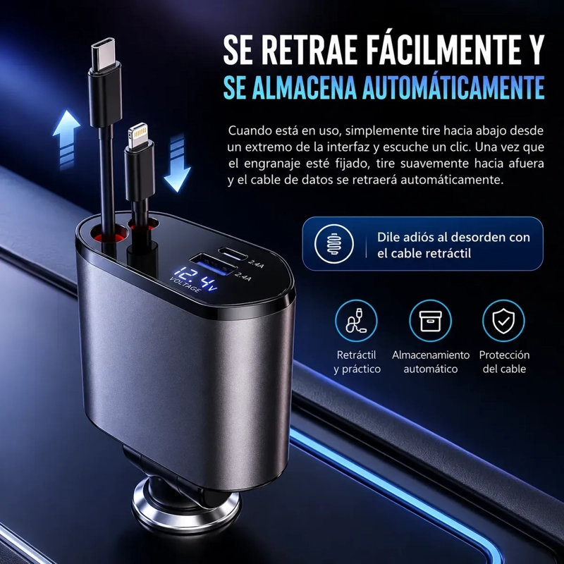 CARGADOR PARA AUTO 120W 4 EN 1 CON 2 CABLES RETRACTILES Y 2 PUERTOS DE CARGA - 3