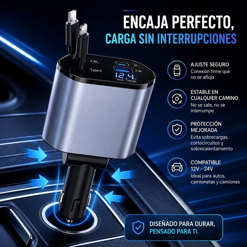 CARGADOR PARA AUTO 120W 4 EN 1 CON 2 CABLES RETRACTILES Y 2 PUERTOS DE CARGA - 4