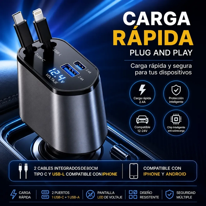 CARGADOR PARA AUTO 120W 4 EN 1 CON 2 CABLES RETRACTILES Y 2 PUERTOS DE CARGA - 5