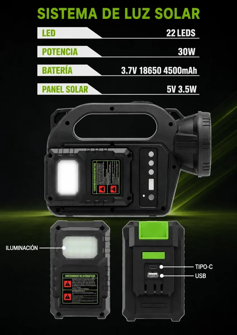 SISTEMA DE EMERGENCIA CON ILUMINACION SOLAR PORTATIL Y BATERIA RECARGABLE - 5