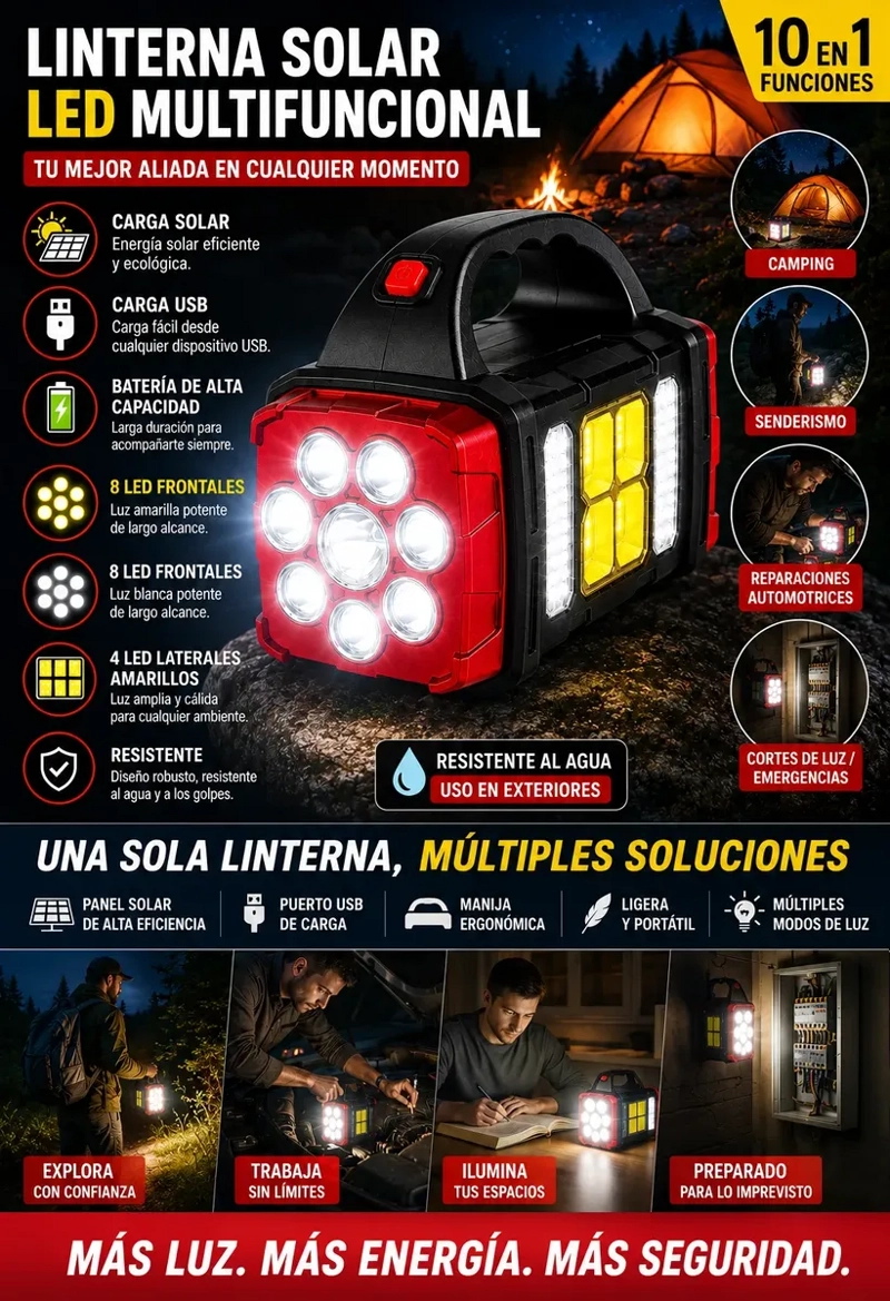 LINTERNA SOLAR LED MULTIFUNCION RECARGABLE USB CON POWER BANK PORTATIL - 2