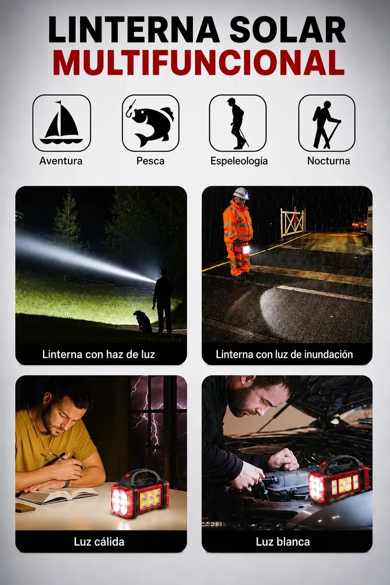 LINTERNA SOLAR LED MULTIFUNCION RECARGABLE USB CON POWER BANK PORTATIL - 4