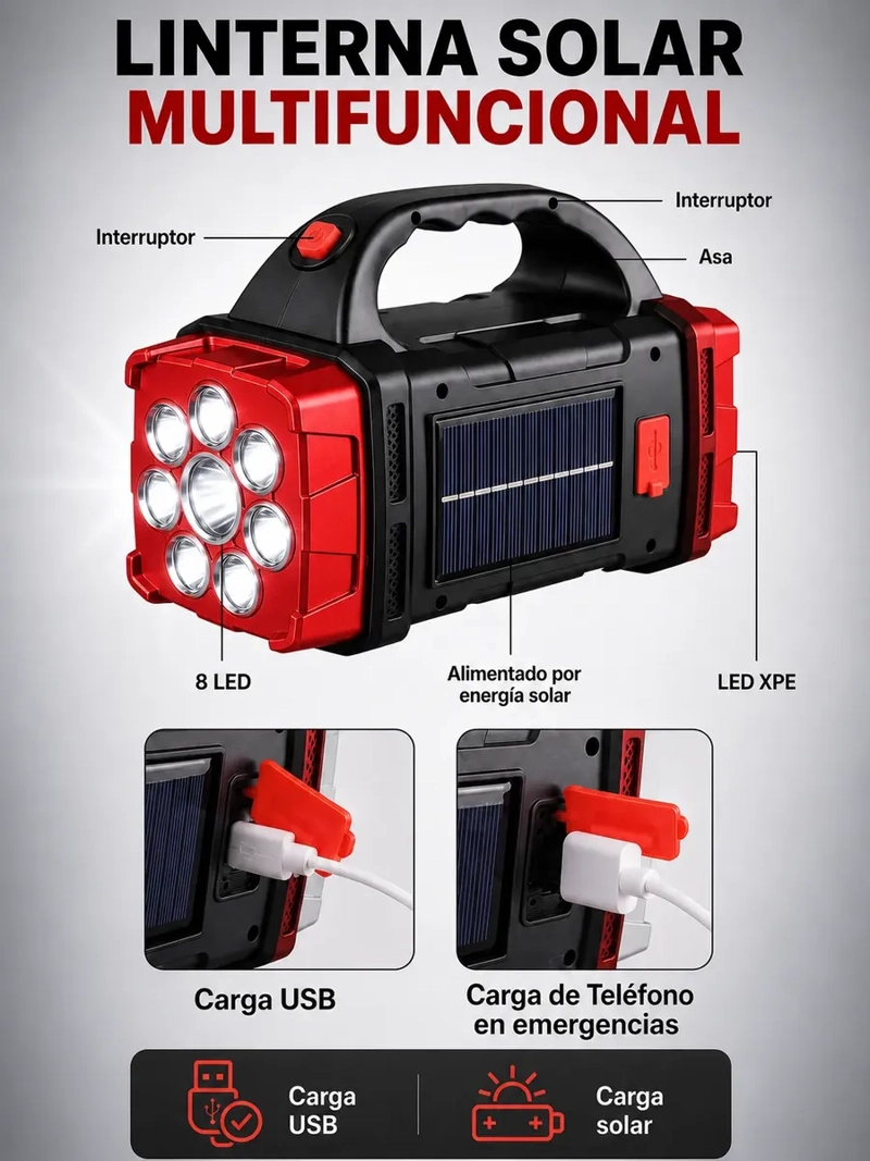LINTERNA SOLAR LED MULTIFUNCION RECARGABLE USB CON POWER BANK PORTATIL - 5