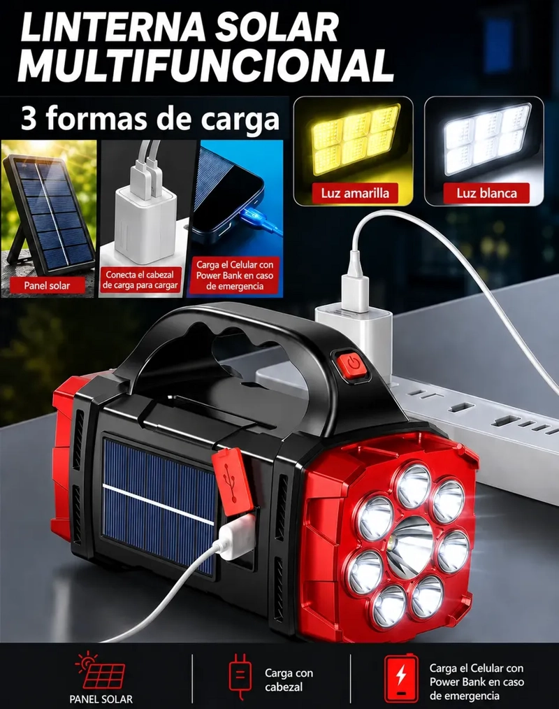 LINTERNA SOLAR LED MULTIFUNCION RECARGABLE USB CON POWER BANK PORTATIL - 6