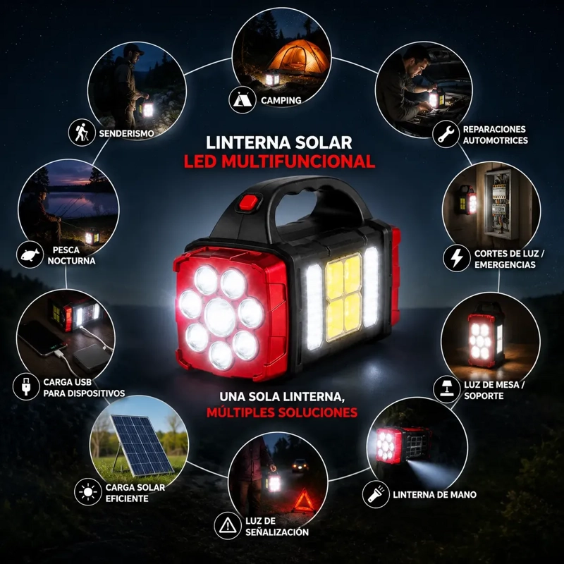 LINTERNA SOLAR LED MULTIFUNCION RECARGABLE USB CON POWER BANK PORTATIL - 8