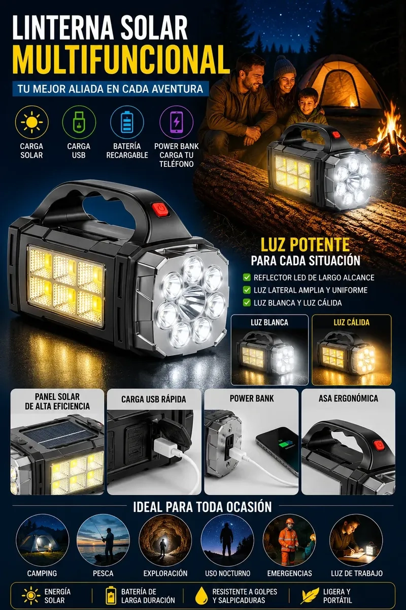 LINTERNA SOLAR LED MULTIFUNCIONAL RECARGABLE USB CON POWER BANK PORTATIL - 2