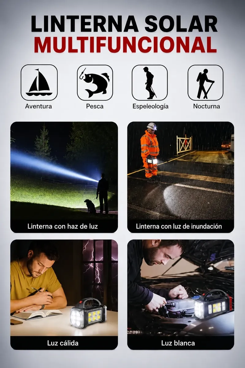 LINTERNA SOLAR LED MULTIFUNCIONAL RECARGABLE USB CON POWER BANK PORTATIL - 4