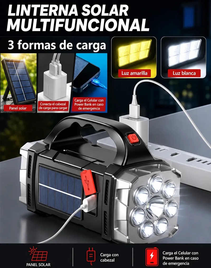 LINTERNA SOLAR LED MULTIFUNCIONAL RECARGABLE USB CON POWER BANK PORTATIL - 6