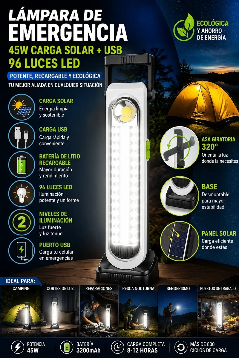 LAMPARA LED SOLAR 45W RECARGABLE USB 3600MAH CON 96 LUCES LED PORTATIL - 2