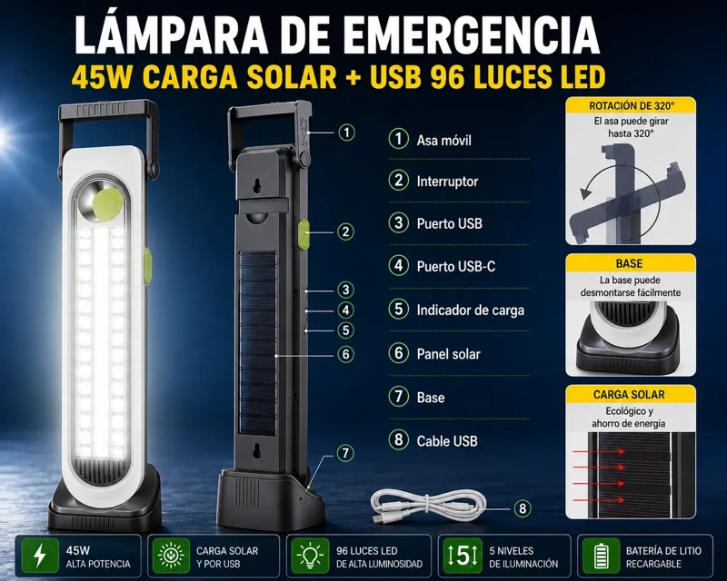 LAMPARA LED SOLAR 45W RECARGABLE USB 3600MAH CON 96 LUCES LED PORTATIL - 4