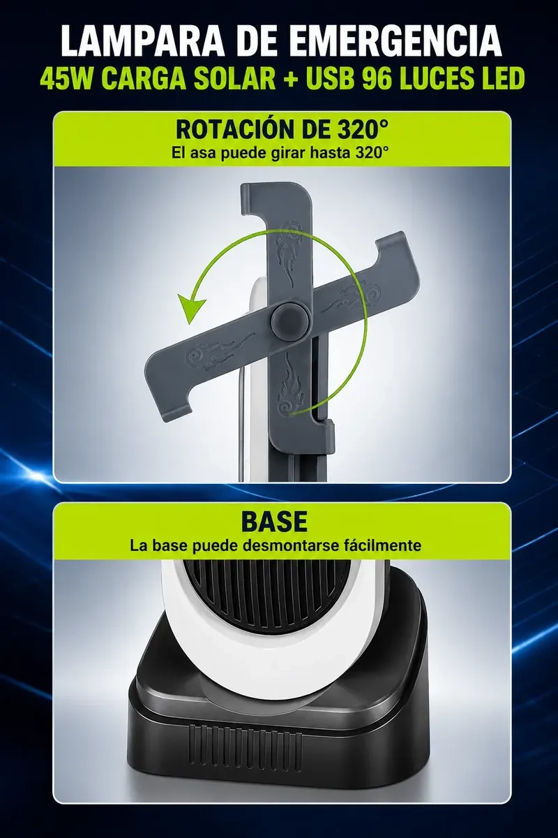 LAMPARA LED SOLAR 45W RECARGABLE USB 3600MAH CON 96 LUCES LED PORTATIL - 6
