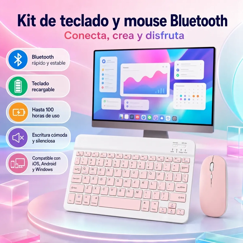 KIT TECLADO Y MOUSE INALAMBRICO BLUETOOTH COMPATIBLE CON PC TABLET Y CELULAR - 2