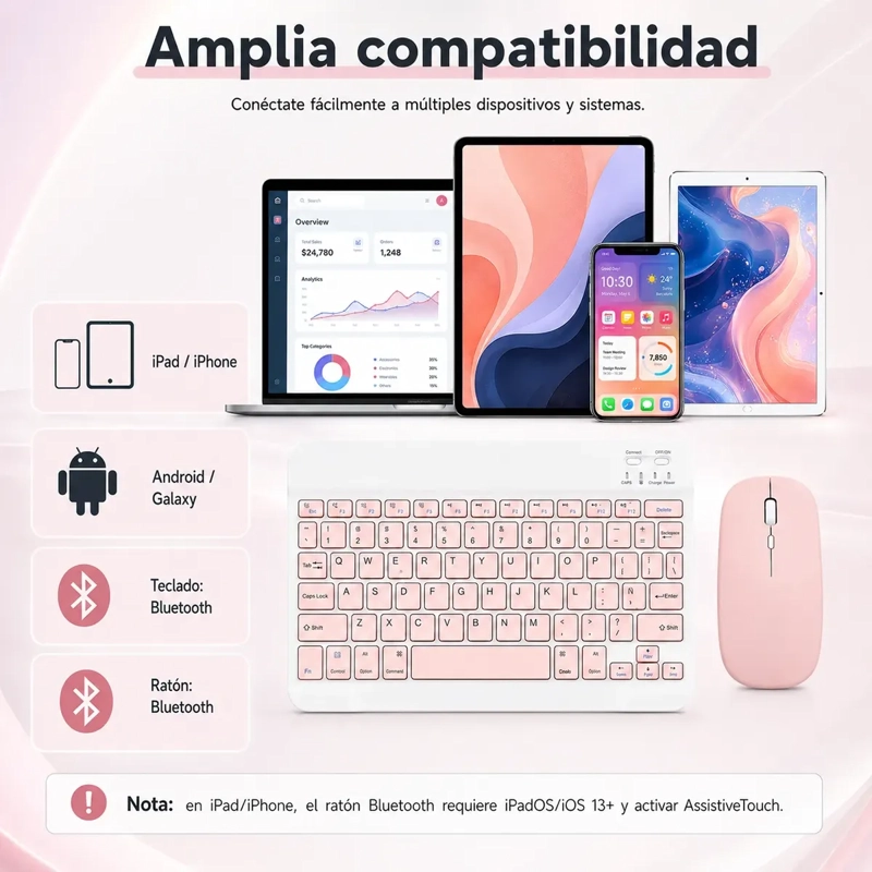 KIT TECLADO Y MOUSE INALAMBRICO BLUETOOTH COMPATIBLE CON PC TABLET Y CELULAR - 4