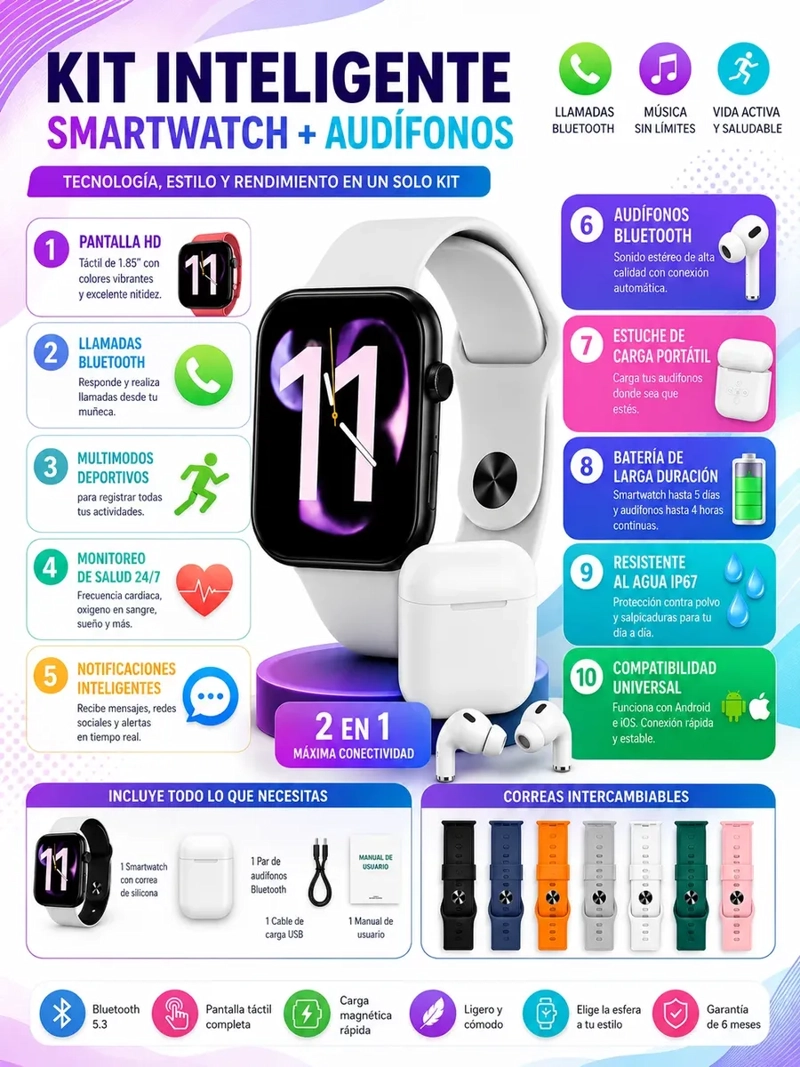 KIT SMARTWATCH BLUETOOTH CON 7 CORREAS Y AUDIFONOS INALAMBRICOS - 2