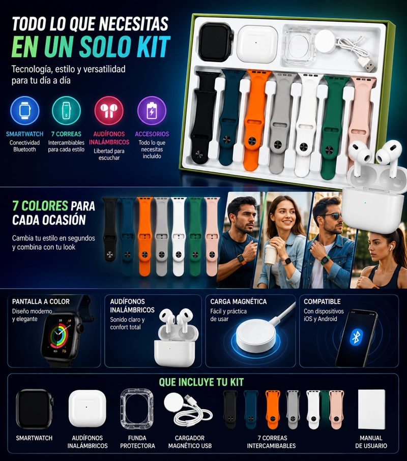 KIT SMARTWATCH BLUETOOTH CON 7 CORREAS Y AUDIFONOS INALAMBRICOS - 7