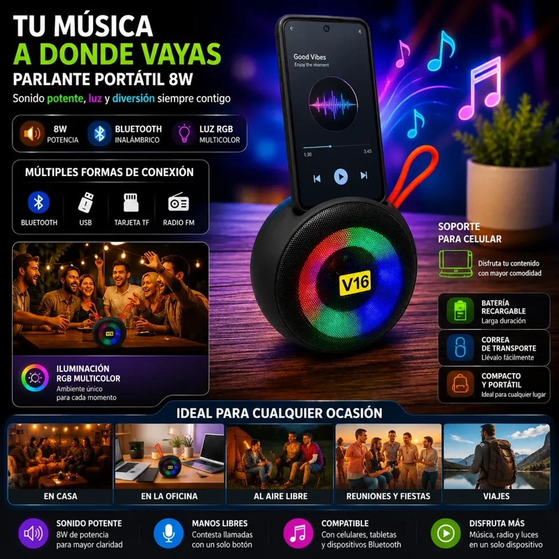 PARLANTE BLUETOOTH PORTATIL 8W CON LUZ LED Y RADIO FM RECARGABLE - 3