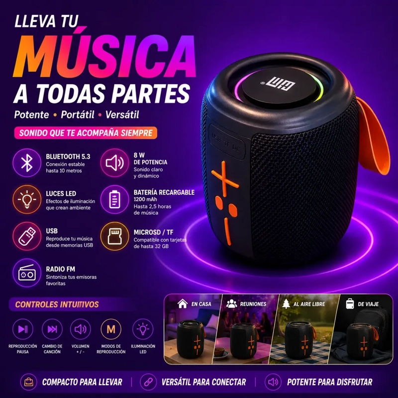 PARLANTE BLUETOOTH 5.3 PORTATIL 8W CON LUCES LED USB Y RADIO FM - 2