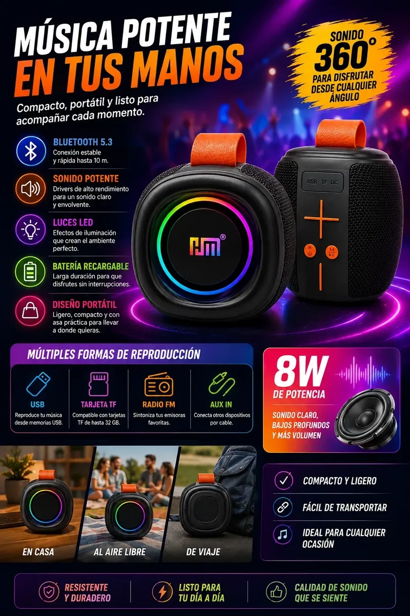 PARLANTE BLUETOOTH 5.3 PORTATIL 8W CON LUCES LED USB Y RADIO FM - 6