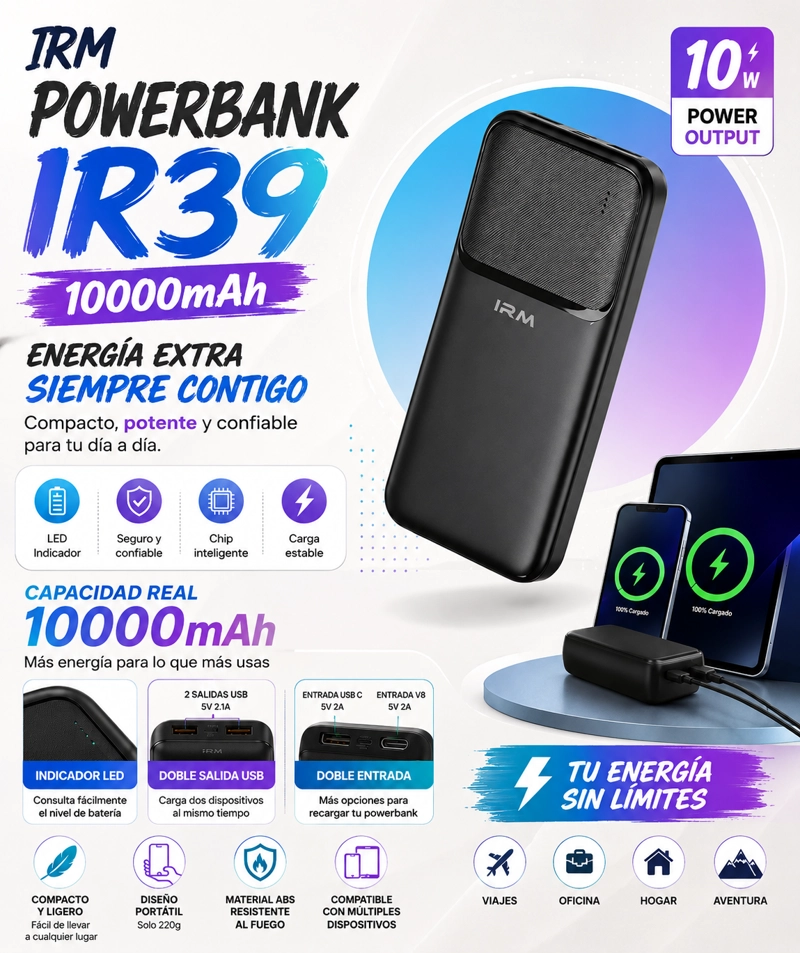POWER BANK 10000MAH DOBLE USB 10W BATERIA EXTERNA PORTATIL  DESCRIPCION CORTA - 3