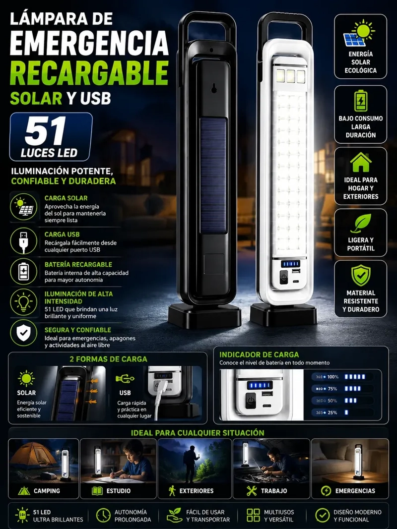 LAMPARA DE EMERGENCIA SOLAR RECARGABLE 51 LED CON CARGA USB PORTATIL - 2