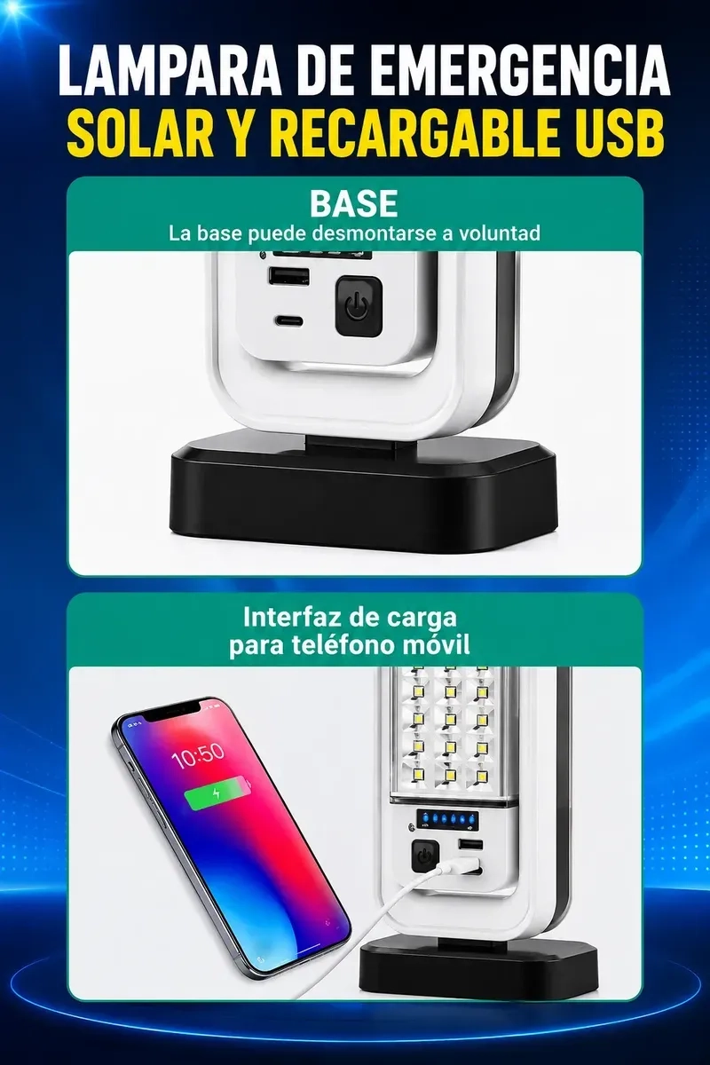 LAMPARA DE EMERGENCIA SOLAR RECARGABLE 51 LED CON CARGA USB PORTATIL - 5