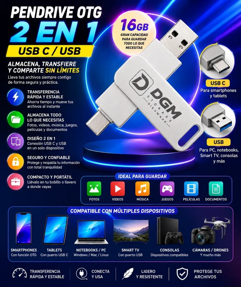 PENDRIVE OTG DIEGMARK 16GB 2 EN 1 USB C Y USB PLATEADO PARA CELULAR Y PC - 2