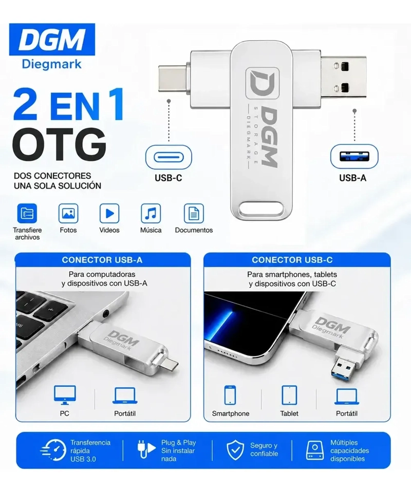 PENDRIVE OTG DIEGMARK 16GB 2 EN 1 USB C Y USB PLATEADO PARA CELULAR Y PC - 4