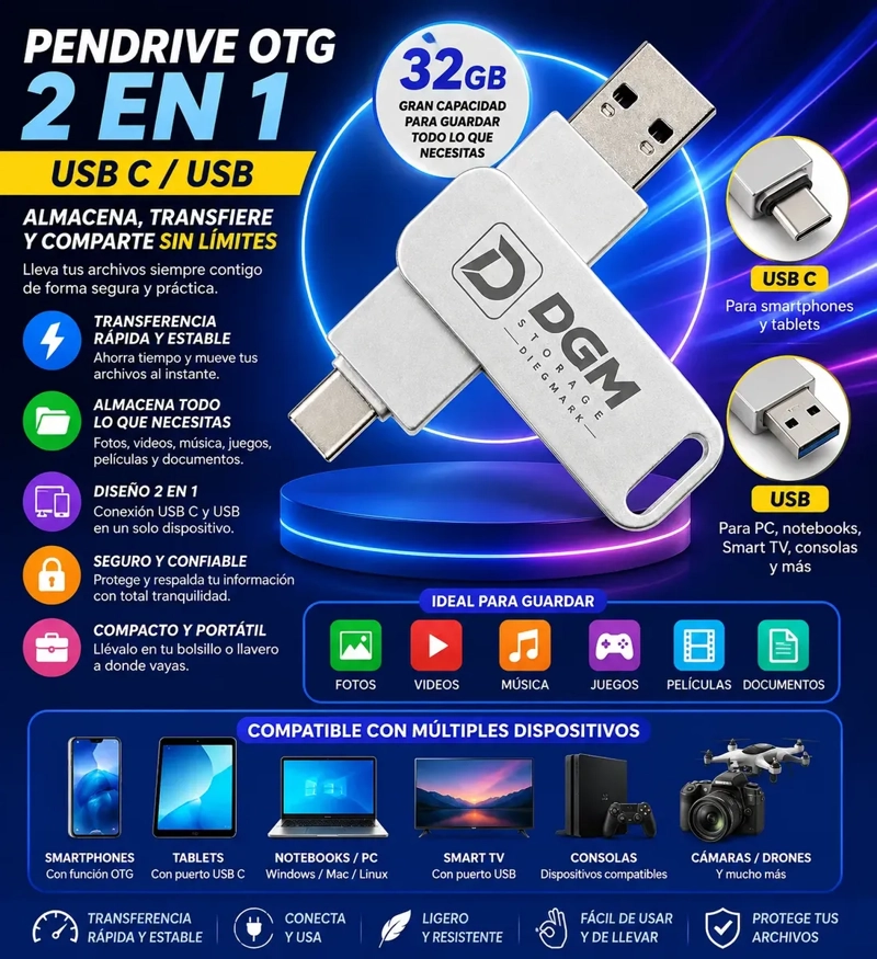 PENDRIVE DIEGMARK 32GB 2 EN 1 USB C Y USB A PLATEADO PARA CELULAR Y PC - 2