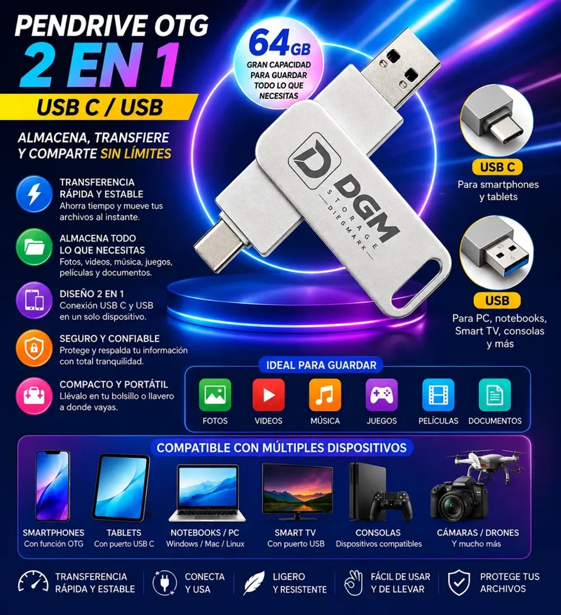PENDRIVE DIEGMARK 64GB PLATEADO USB 3.0 Y USB C OTG 2 EN 1 PARA CELULAR TABLET Y PC - 2