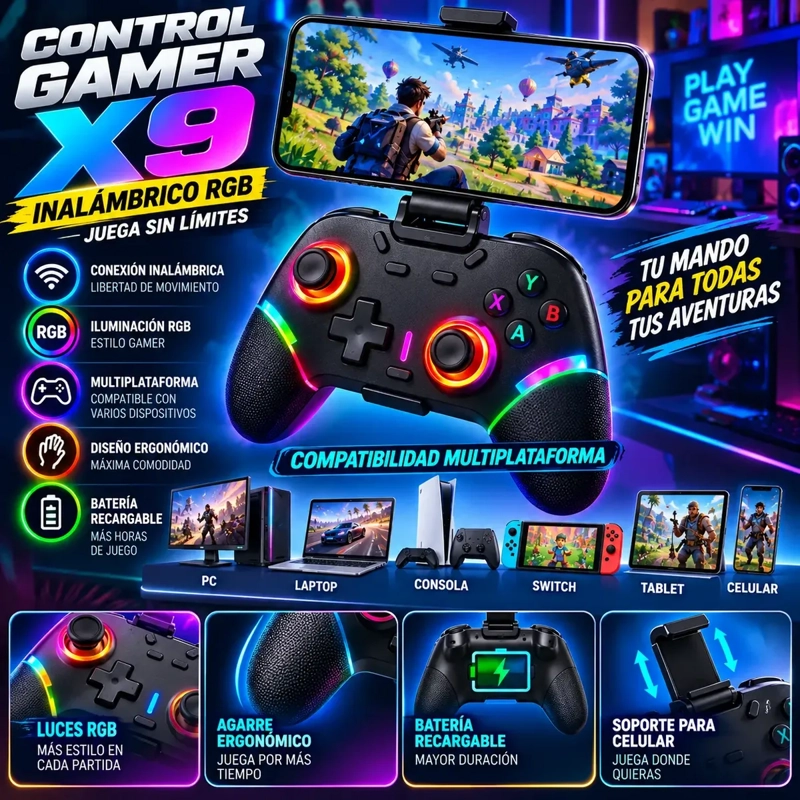 CONTROL JOYSTICK X9 RGB INALAMBRICO MULTIPLATAFORMA PARA VIDEOJUEGOS - 2