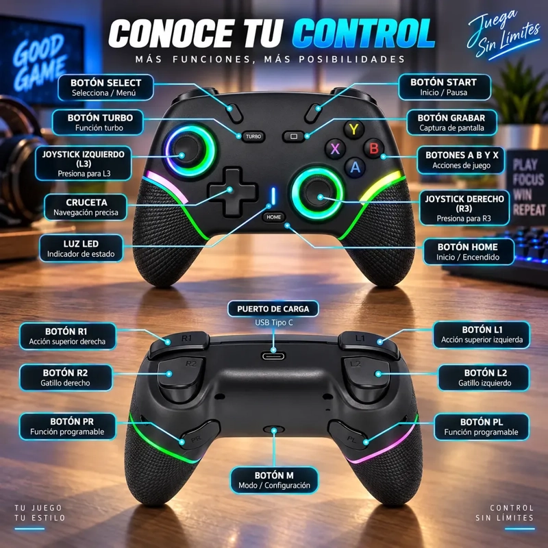 CONTROL JOYSTICK X9 RGB INALAMBRICO MULTIPLATAFORMA PARA VIDEOJUEGOS - 6