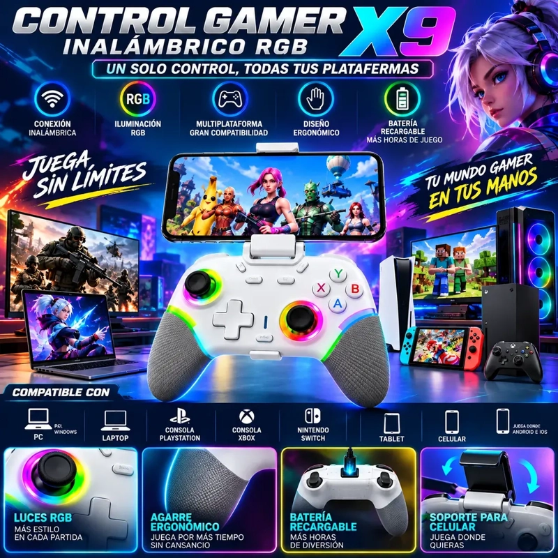 GAMEPAD X9 BLANCO INALAMBRICO RGB MULTIPLATAFORMA CON SOPORTE PARA CELULAR - 2