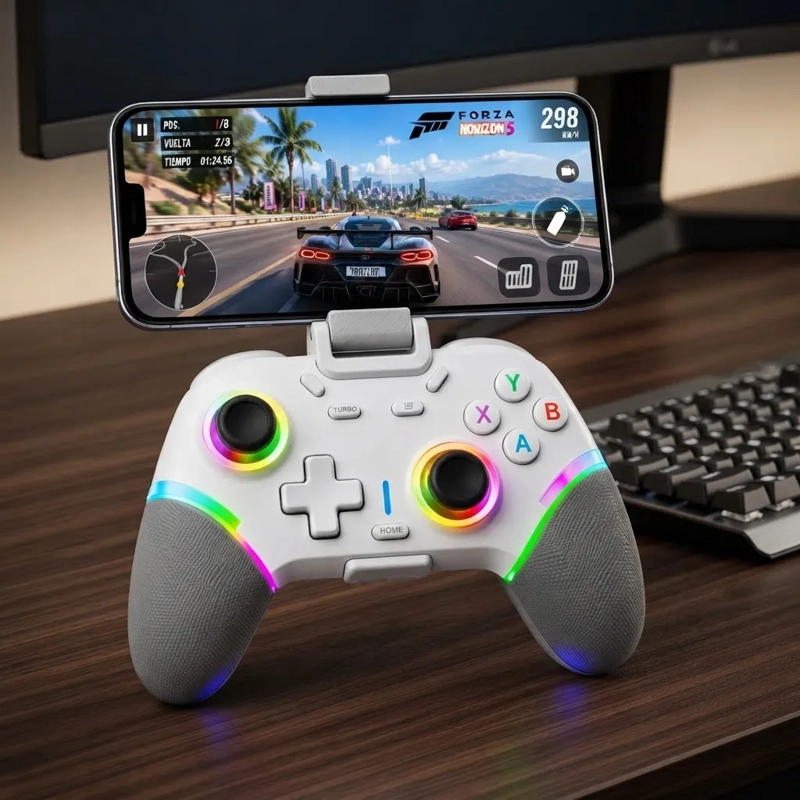 GAMEPAD X9 BLANCO INALAMBRICO RGB MULTIPLATAFORMA CON SOPORTE PARA CELULAR - 3