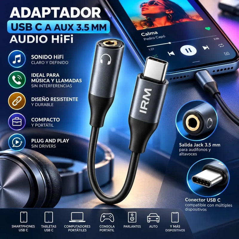 CABLE CONVERTIDOR DE AUDIO USB C A AUXILIAR 3.5 MM HIFI - 2