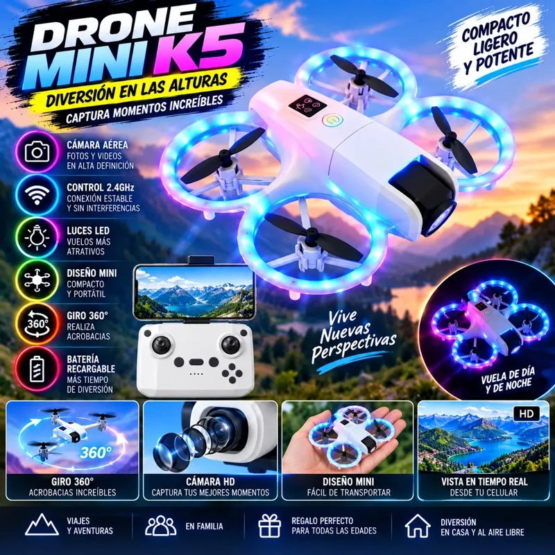 DRONE MINI K5 2.4 GHZ CON CAMARA CONTROL REMOTO Y LUCES LED - 2