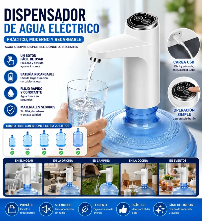 DISPENSADOR DE AGUA ELE CTRICO USB RECARGABLE PARA BIDON DE 20 LITROS - 2