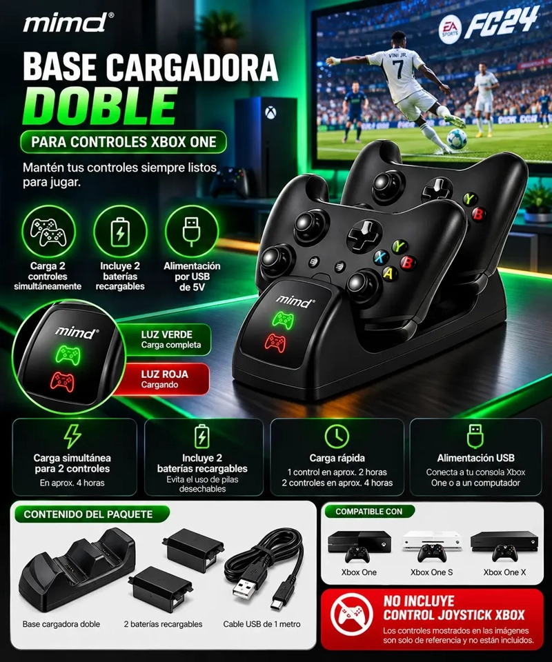 BASE CARGADOR DOBLE PARA CONTROLES XBOX ONE S X CON 2 BATERIAS RECARGABLES - 2