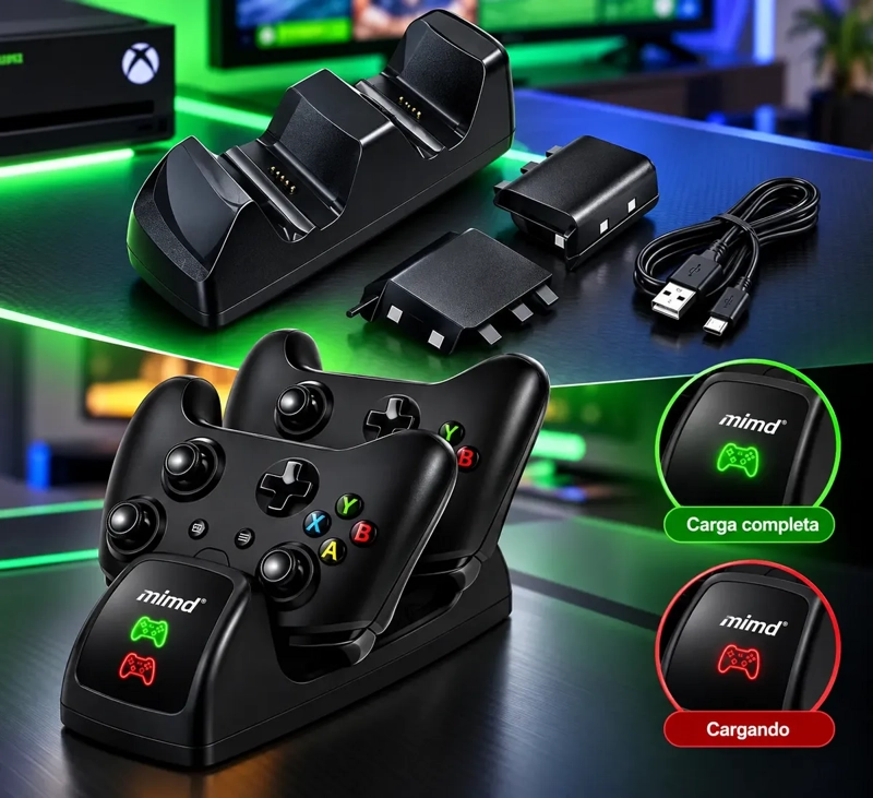 BASE CARGADOR DOBLE PARA CONTROLES XBOX ONE S X CON 2 BATERIAS RECARGABLES - 6