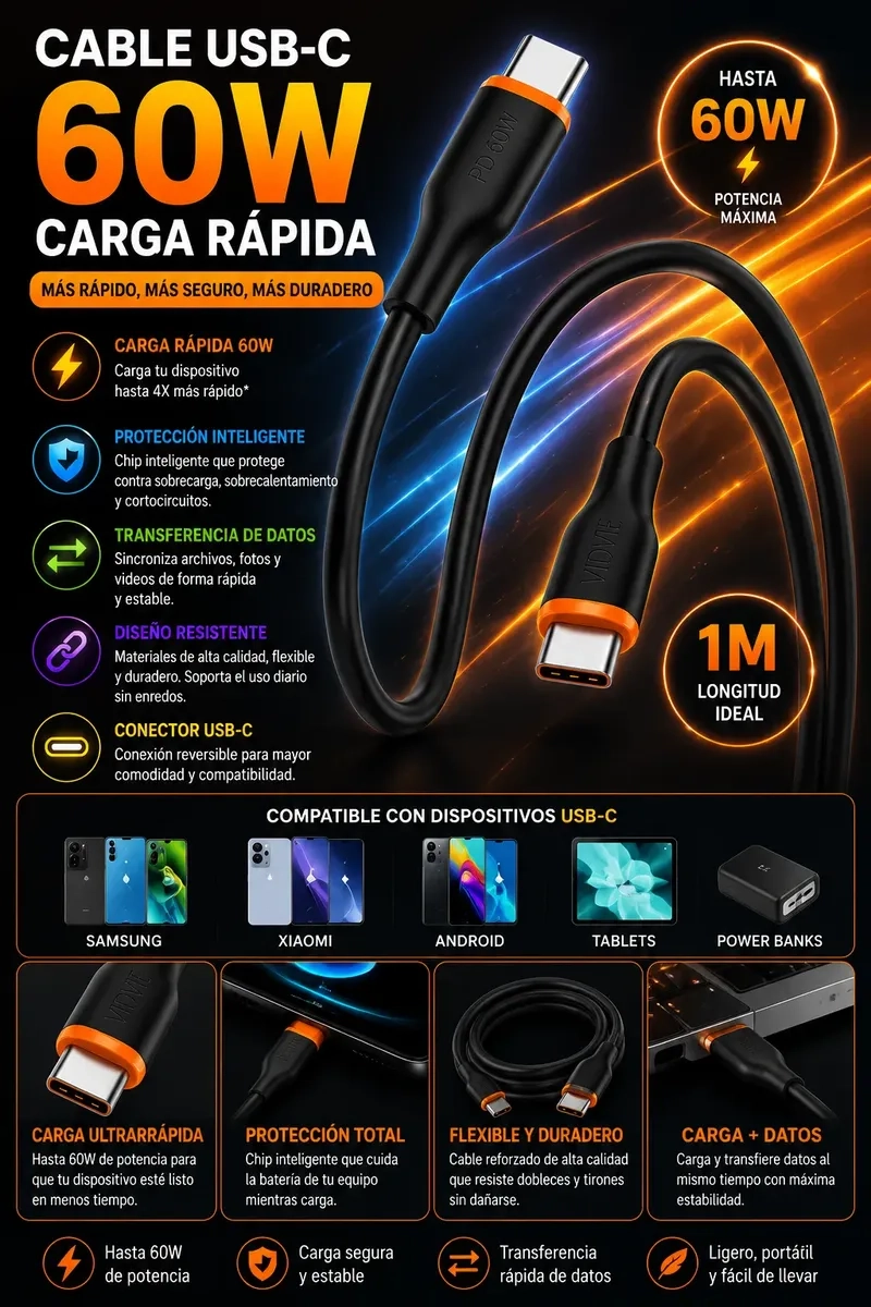 CABLE USB C NEGRO 1 METRO 60W CARGA RAPIDA COMPATIBLE CON SAMSUNG - 2